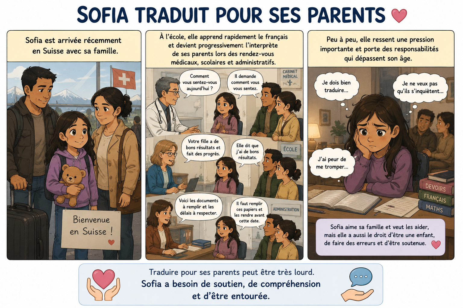 Planche de BD du projet montrant Sofia qui traduit pour ses parents