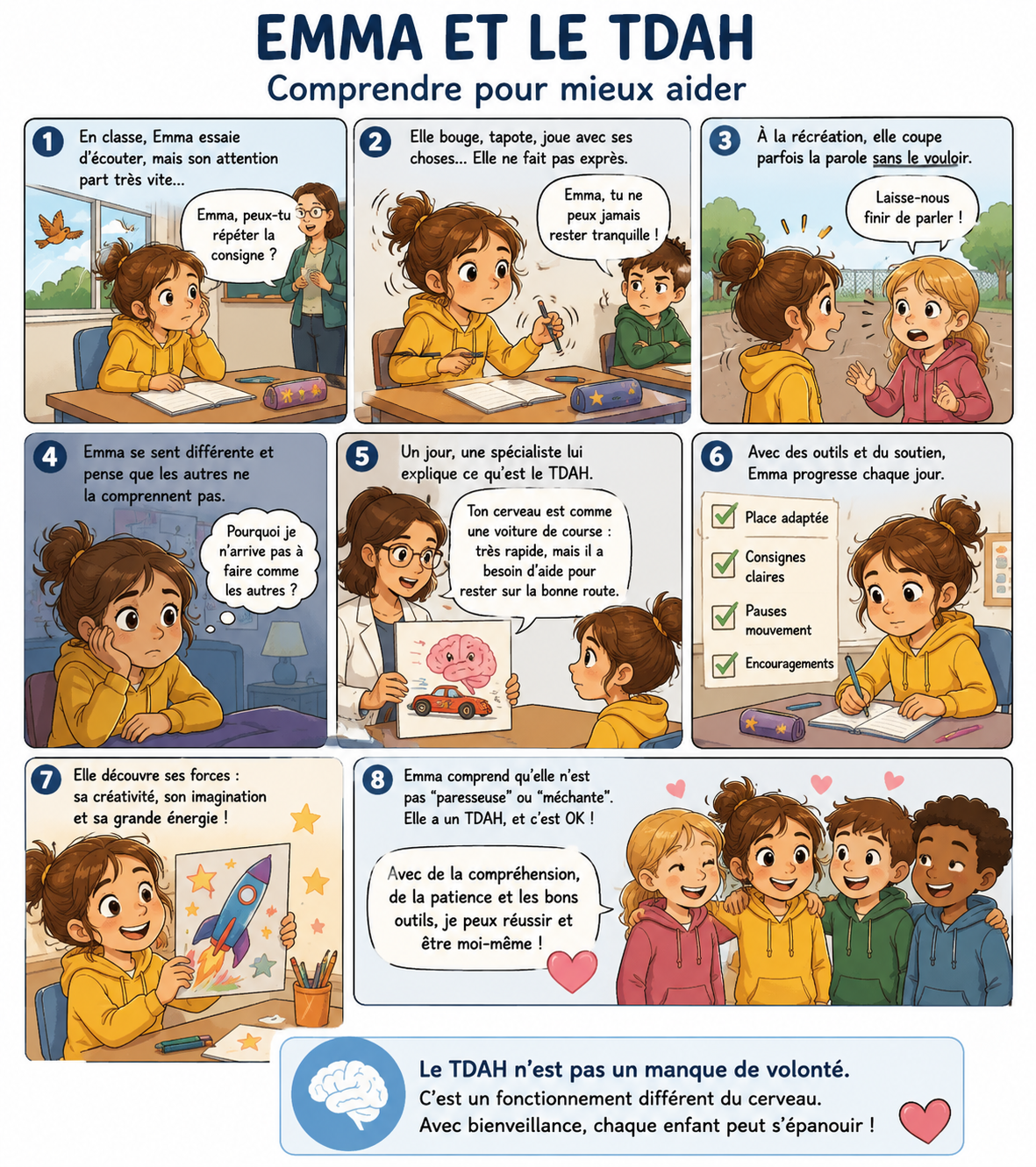 Planche de BD du projet montrant Emma et le TDAH