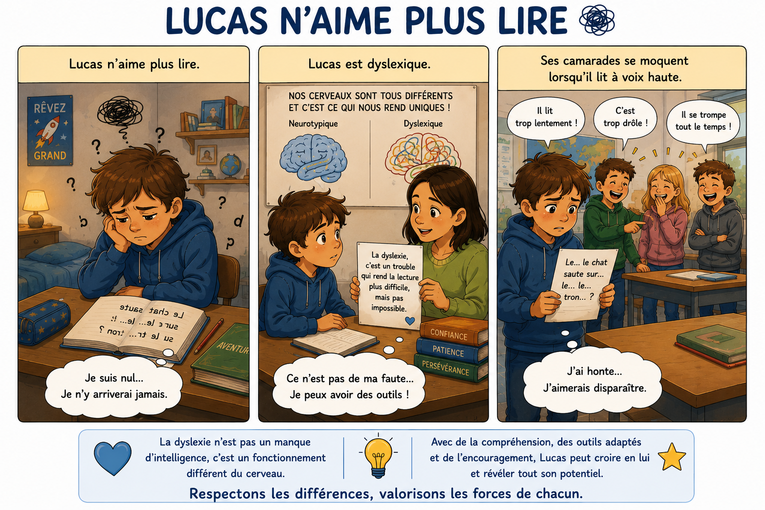 Planche de BD du projet montrant Lucas et la dyslexie